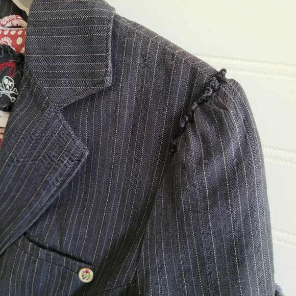 Billabong Denim Blazer Womens Small Black Pinstripe Patch Crest Academia Preppy - Picture 5 of 16